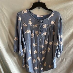 Blue Floral Tie-Neck Women’s Blouse
